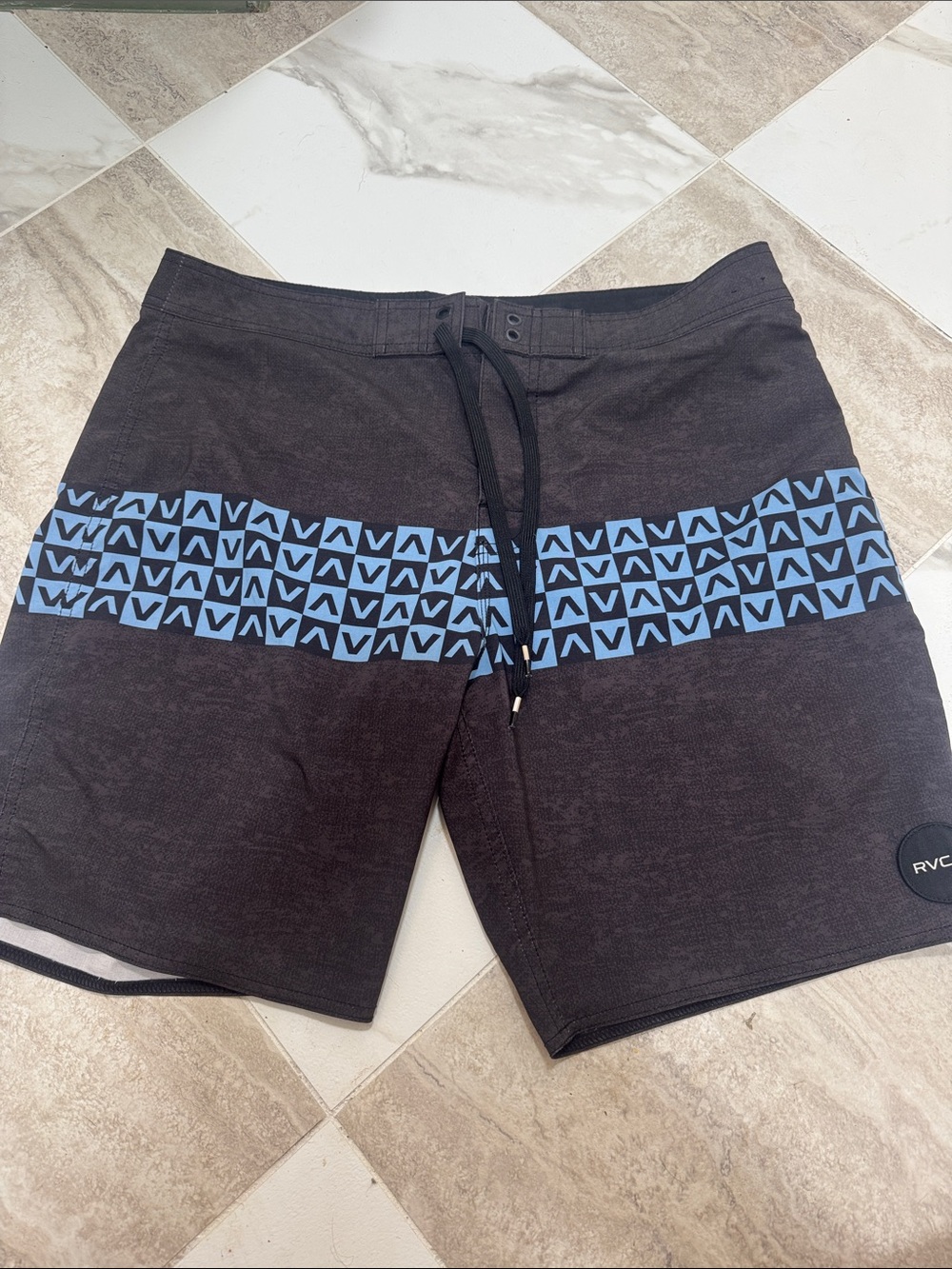 RVCA Black Swim Board Shorts with Light Blue Geometric Band